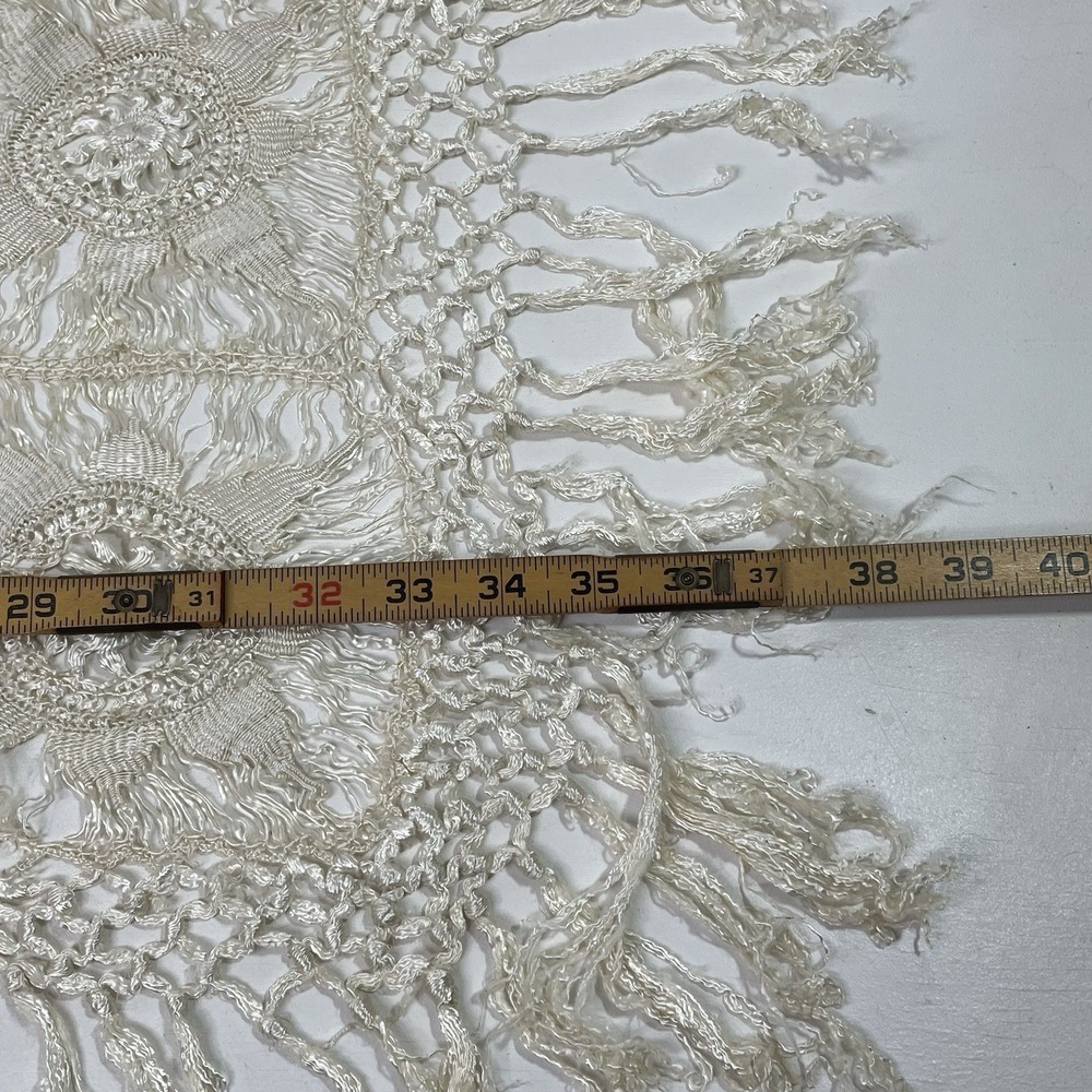 Vintage Cream Lace Crochet Coverlet Shawl Wrap Square Floral Fringe Delicate - Picture 13 of 16
